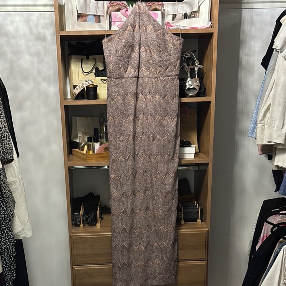 Elegant Halter Neck Dress in Pink/Taupe - Aidan Matrix Size 14 NWT